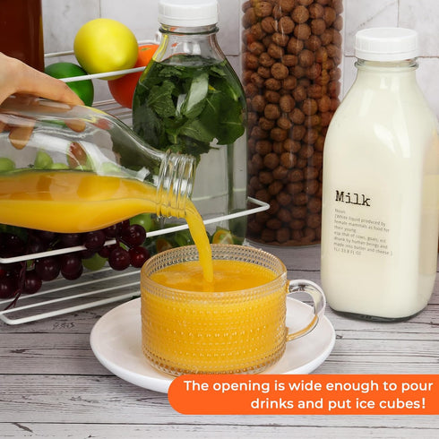 DHSBTLS 4 Pcs Glass Milk Bottles - 33.8 Oz Reusable Containers with Lid for Fridge, Airtight Heavy Duty Juice Jar