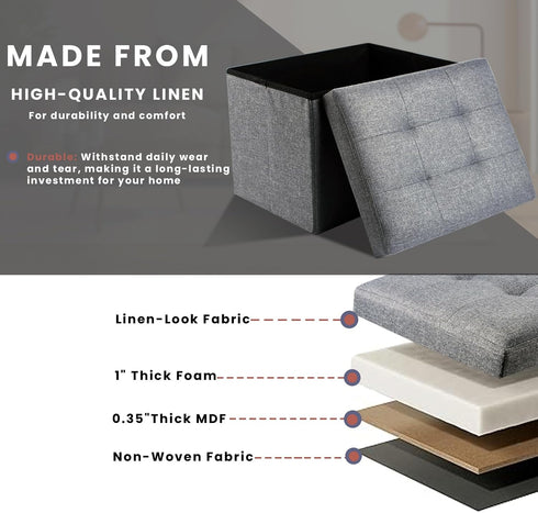 NIENIE 15.7"X11.8"X11.8", Linen Folding Storage Ottoman Coffee Table Small Foot Stool for Living Room, Bedroom, Grey