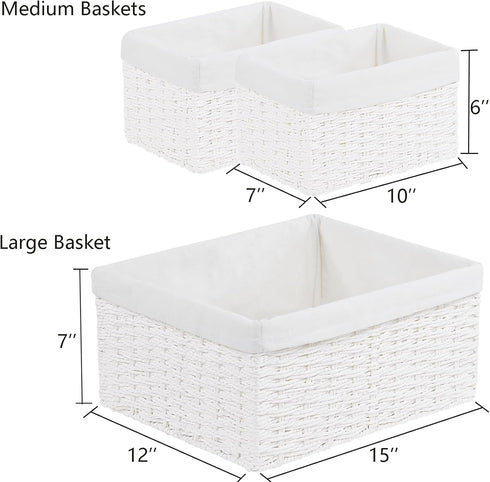 Vagusicc Set of 3 Wicker Storage Baskets, Hand-woven Decorative Rectangle Bins with Handles for Organizing, White