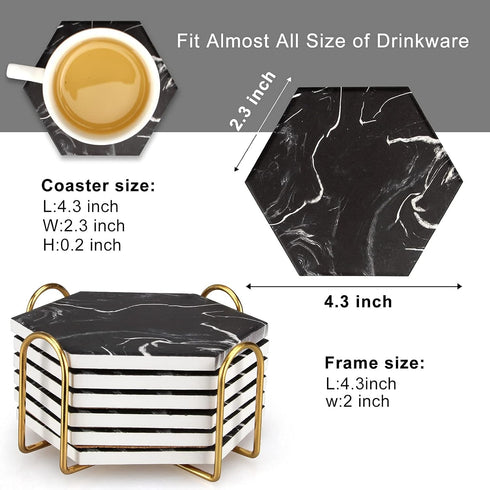 Cool Black Marble Coaster Set with Holder, Hexagon Absorbent Coasters, Modern Ceramic 6 Pack for Beverage Decor