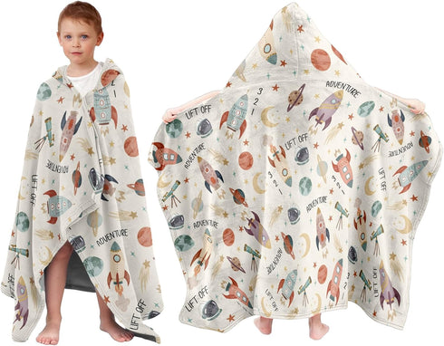 JOPJOLIW Space Adventure Hooded Towel for Kids, Planet Rocket Astronaut Hooded Poncho Blanket
