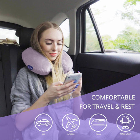 Travel Pillow Memory Foam for Airplanes - Neck Pillow for Traveling with Attachable Snap Strap (Gray Purple)