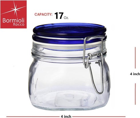 Bormioli Rocco Fido Square Jar, 17-1/2-Ounce, Blue Lid