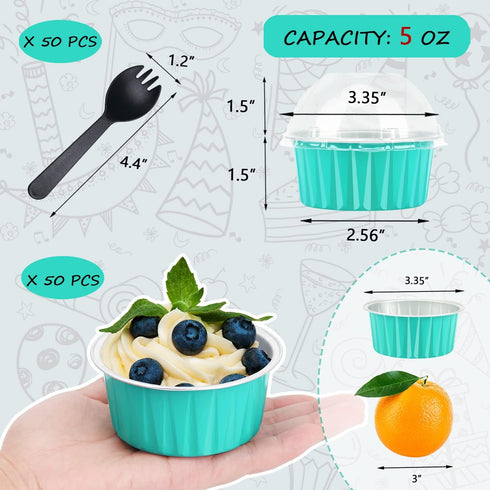 Disposable Ramekins with Lids - 50 Pack Free-Air 5oz Aluminum Foil Cupcake Cups - Mini Muffin Tins Holders for Home and