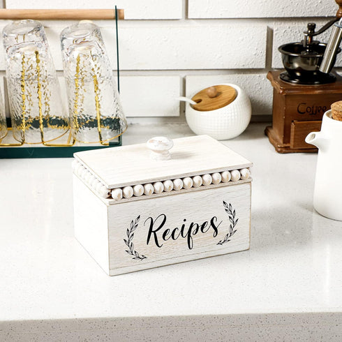 White Beaded Recipe Box Vintage Wood Farmhouse Recipe Card Holder for Kitchen Bridal Shower Gift