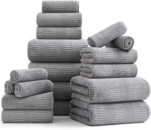 18 Pcs Gray Woven Family Towels Set-6 Bath Sheets,6 Hand Towels,6 Washcloths