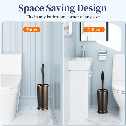 Set: 2 Pack Bronze1 HAMITOR Toilet Bowl Brush Holder Modern Deep Cleaning Bathroom Toilet Scrubber with Caddy for rv