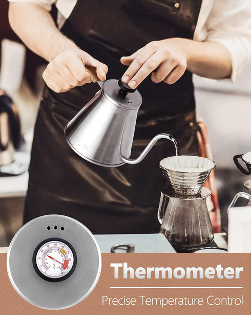 37 oz, 3-Layer Harriet Gooseneck Kettle with Thermometer for Pour Over Coffee and Tea, fl Stainless Steel, Durable