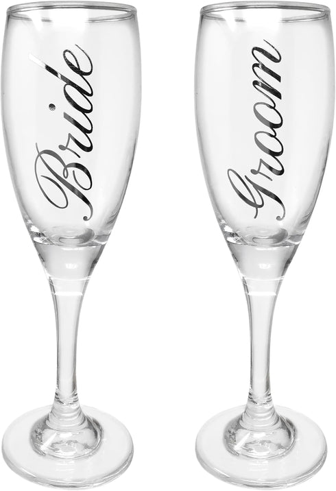 BANBERRY DESIGNS Bride and Groom Champagne Glasses Set of 2 - Elegant Toasting Flutes Silver Wedding Champagne Set (6