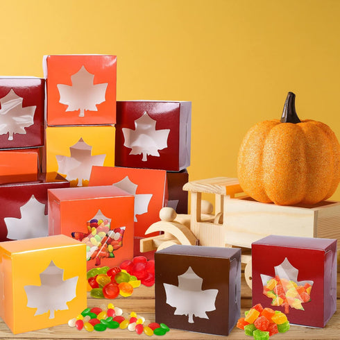 AnyDesign 24Pcs Fall Treat Boxes, 4 Colors Cardboard Box with Maple Leaf Shape Window for Cookie Party Favors