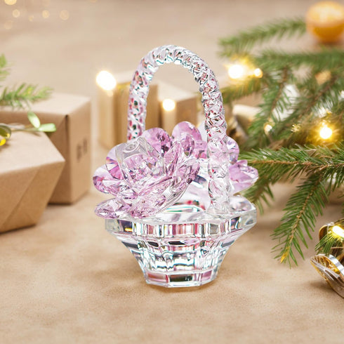 H&D HYALINE & DORA Glass Rose Flower Gift, Handcraft Pink Crystal Rose Flower Basket Figurine for Women