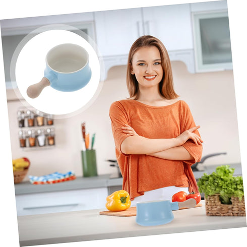Cabilock Fashion Ceramic Soup Bowl with Wood Handle, Capacity Breakfast and Noodle Bowl for Home Use