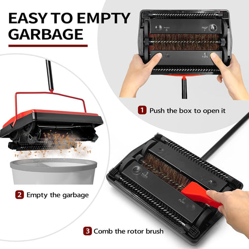 JEHONN Carpet Floor Sweeper Manual with Horsehair, Non Electric Rug Roller Brush for Cleaning Pet Hair, Loose Debris,