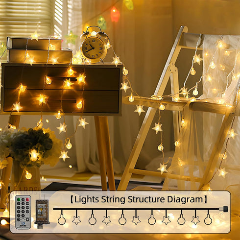 BYIZO 72 160 Crystal Globe & Star String Lights Plug in - FT LED Star Fairy String Lights with Remote Control Timer