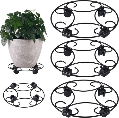 3 Packs 12.8" Metal Plant Caddy With Wheels - Large Rolling Stands Heavy-Duty Wrought Iron Roller Base Pot Movers