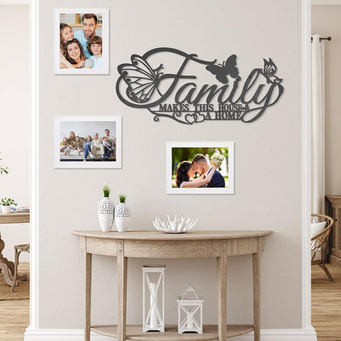 Family Metal Wall Decor Word Sign, Black Family Makes This House A Home Art, Butterflies Love Heart Wall Hanging