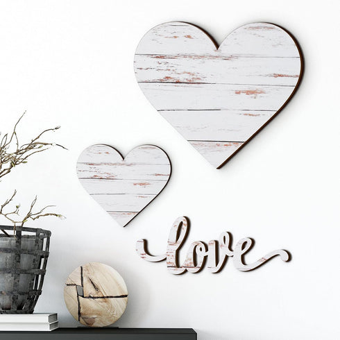 3 Pcs Wooden Hearts Decor, Rustic Hanging Love Plaque for Wall Home Farmhouse Living Room Bedroom Gifts (White)