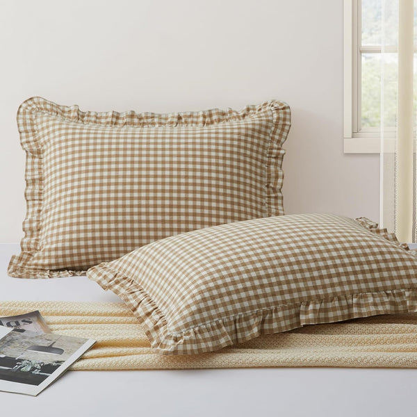 KKJIAF 2 Pcs Plaid Ruffle Pillow Case King Size, Ruffled Gingham Cotton