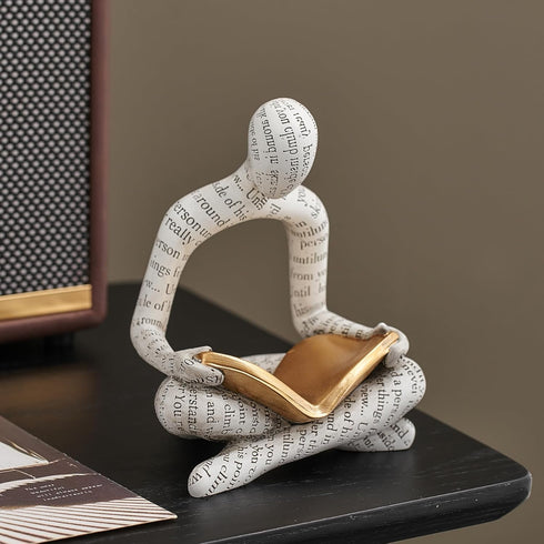 White Decor Reading Statue - Modern Abstract Thinker Sculptures - Resin Decorations for Living Room Coffee Table