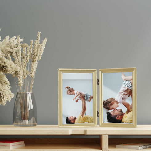 Lawrence Frames Bead Border Design, Double 4x6, Satin Gold