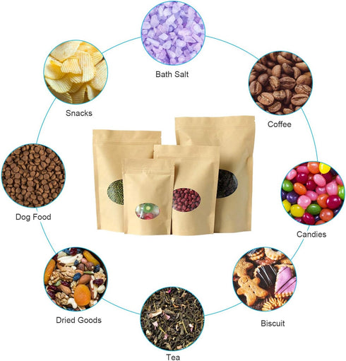Kraft Stand Up Bags with Window, SumDirect 50Pcs, 4.3x 6.2 inches, Brown Food Storage Bags, Reusable