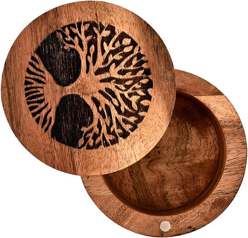 Acacia Wood Spice Cellars Box with Lid, Round Storage Box for Kitchen Counter, 3.5" x 3.5" x 2.5" for Spices