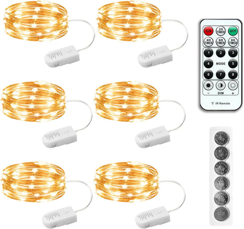 6PCS Fairy Lights Battery Powered with Remote, 7ft 20LEDs Warm White Twinkle