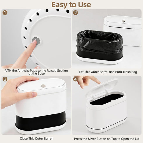 5 Countertop PAVSTINE Mini Trash Can for Desk with Rolls of Trash Bags, Small Press-Top Garbage Bin, Removable Waste