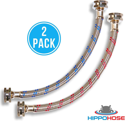 Washing Machine Hoses (1FT) - Braided Stainless Steel, Universal Fit for All Wash Machines, 2 Pack