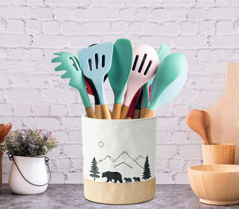 Bear Utensil Holder for Countertop, Ceramic Kitchen Utensil Crock, Large White Cooking Utensil Holder with Forest Design