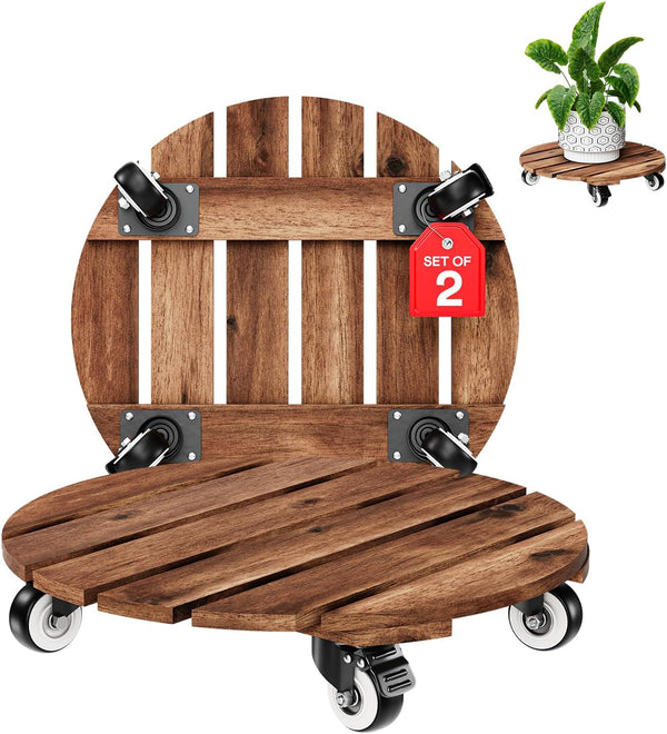2pack Wood Plant Caddy With Wheels Heavy Duty Red Brown, 264 Lbs