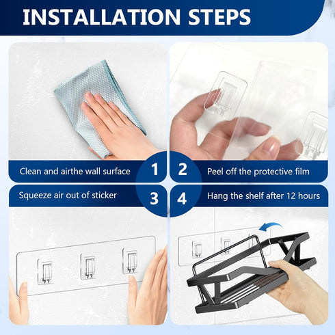 14 Pack Shower Caddy Replacement, Strong Adhesive Flat Hooks, Clear Waterproof Shower Shelf Strips for No Drilling