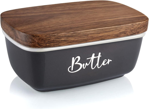 Gray Butter Dish, ALELION Large Ceramic Container with Lid for Countertop, Acacia Wooden Lid for Modern Kitchen Decor