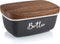 Gray Butter Dish, ALELION Large Ceramic Container with Lid for Countertop, Acacia Wooden Lid for Modern Kitchen Decor