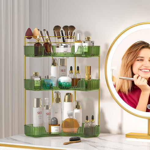 3-Tier Counter Countertop SUNZOS Corner Bathroom Organizer, Bathroom Organizer with Makeup Brush Holder, Vanity Makeup