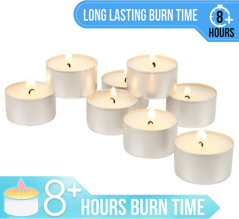 Stonebriar Bulk 50 Pack Unscented Smokeless Long Tea Light Candles, 8 Hour Extended Burn Time, White, 50 Count