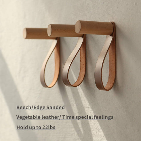 Wooden Hooks with Leather for Wall Mounted Single Hangers, Handmade Craft for Coats, Hat, Bags Rack (3pcs, Oak)