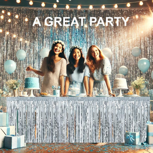 Allgala 2-Pack Silver Tinsel Table Skirt, 29x108 Inch Metallic Foil Fringe for Party Event, Parade Float Decoration