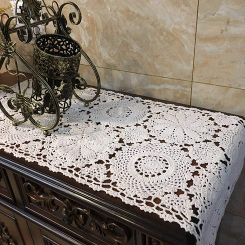 USTIDE 2pc Rustic Floral Table Runner Hand Crochet Placemats, 15 x 31 Inches, Beige Cotton Doilies Runners