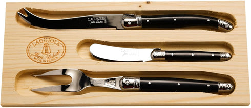 Jean Dubost Laguiole 3-Piece Cheese Knife Set - Black Handles, Rust-Resistant Stainless Steel, Includes Wooden Tray,