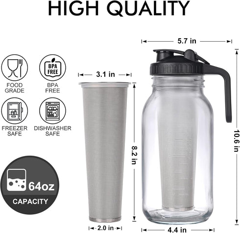 Cold Brew Mason Jar iced Coffee Maker, Durable Glass, - 64 oz (2 Quart / 1.9 Liter), With Handle& Stainless Steel Filter for Iced Brew Coffee, Lemonade, Ice Tea, Homemade Fruit Drinks Container by NFFTYUUT