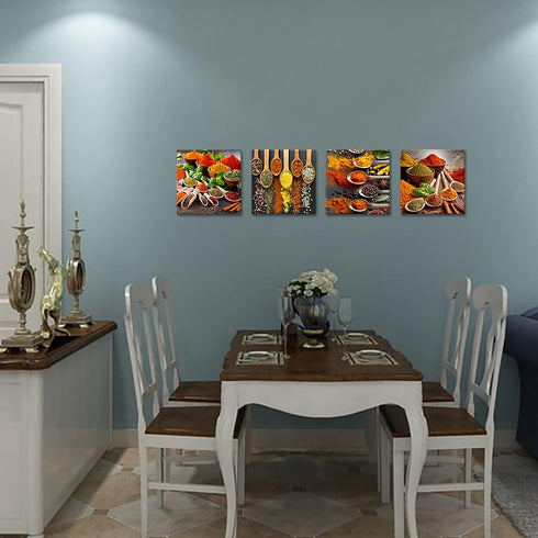 4 Set 12"x12"x4 HOMEOART Kitchen Pictures Wall Decor Piece Colorful Spices and Spoon Painting Canvas Wall Art Prints