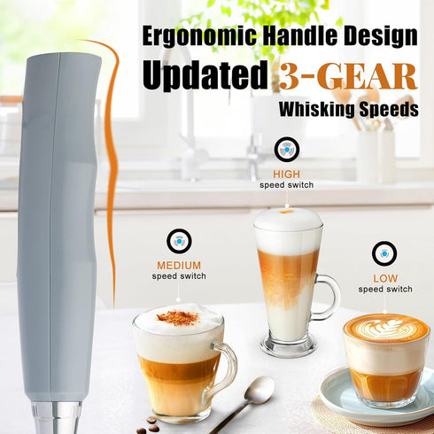 Nahida Cement Gray Milk Frother Wand, Handheld Rechargeable Electric Whisk with 3 Heads for Coffee & Egg