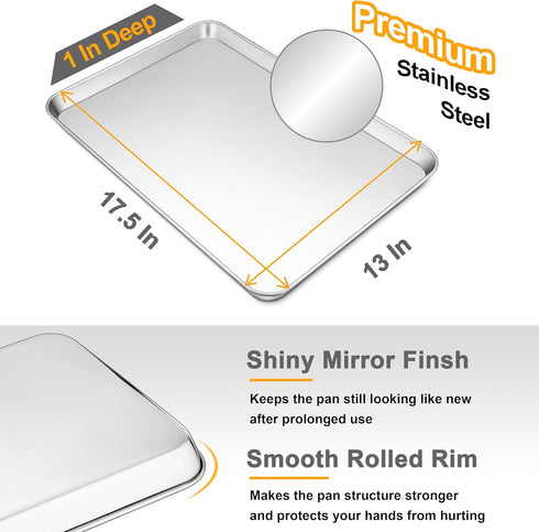 Joyfair 17.5 Inch Baking Sheet, Stainless Steel Half Size Cookie Sheet Pan, Professional Bakeware for Roasting and Grilling, Rolled Rim & Mirror Finish, Heavy Duty & Rust Resistant, Dishwasher Safe by Joyfair