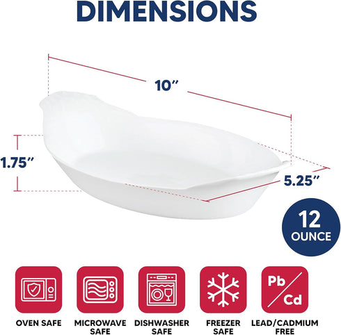 HIC Kitchen Oval Au Gratin Baking Dish Set - Fine White Porcelain, 10-Inch, Set of 4