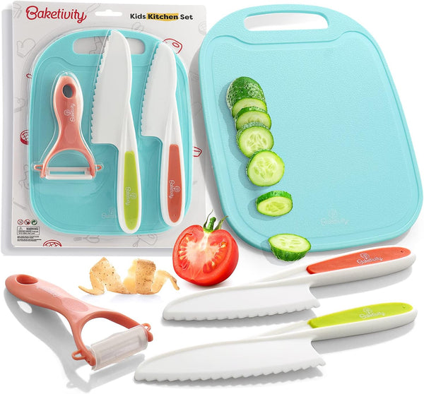 Baketivity Kid Safe Plastic Knives for Real Cooking - Knife Set with Cutting Board, Peeler, Blunt Tip