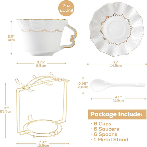 Trim,Set 6 (7 OZ), Set DUJUST Tea Cups and Saucers with Golden of Luxury Relief Printing Coffee Cups with Metal Stand