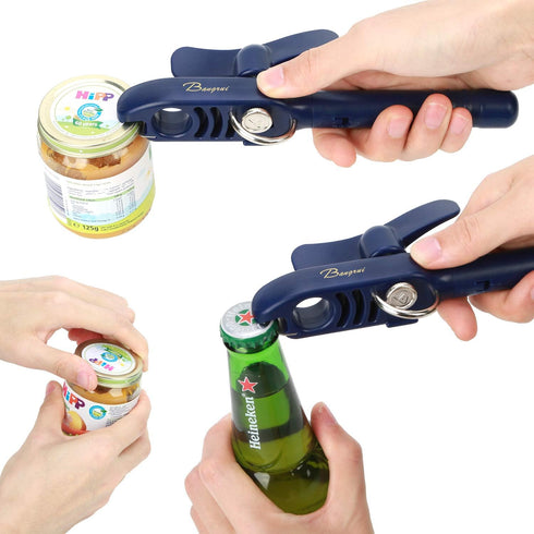 Home Kitchen Safety Bottle Jar Wine Manual Can Opener, 4-in-1 Gadget with Corkscrew, Blue