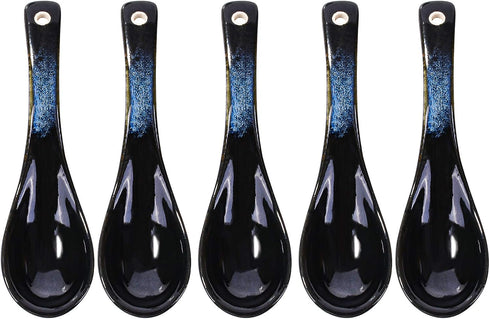 Japanese Ceramic Soup Spoon Set of 5, Blue and Black Table Spoons for Meals, Soups, Ice Creams, Microwave Safe