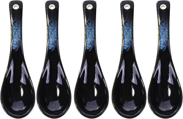 Japanese Ceramic Soup Spoon Set of 5, Blue and Black Table Spoons for Meals, Soups, Ice Creams, Microwave Safe